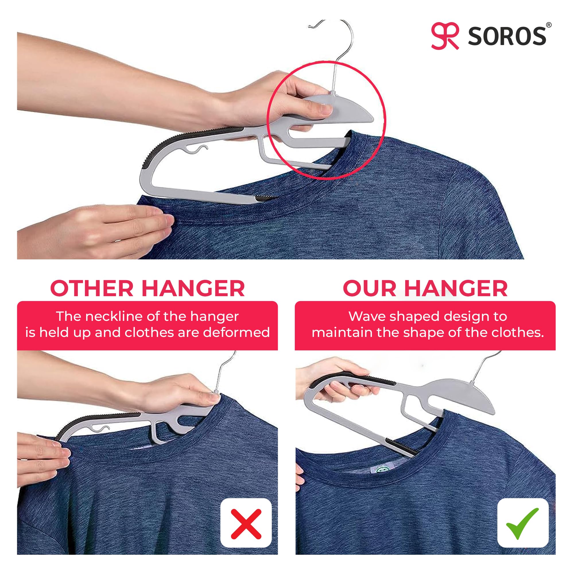 Soros Clothes Hangers (Pack Of 10) With Non-Slip Pads, Space Saving, 6 Mm Thickness, Super Lightweight Organizer, Clothes Hanger